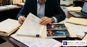 Personal injury attorney reviewing car accident case documents, police reports, and crash photos for a client injury claim in a law office