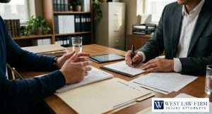 Personal injury lawyer taking notes during a client consultation while reviewing claim documents and case paperwork in a law office