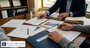 Personal injury attorney reviewing claim documents, medical records, and case notes with a client during a legal consultation in a law office