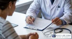 Doctor reviewing medical paperwork with a patient during a consultation, representing medical malpractice documentation and injury claim support