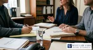 Personal injury attorney meeting with clients to review school incident reports and legal documents for an injury claim consultation